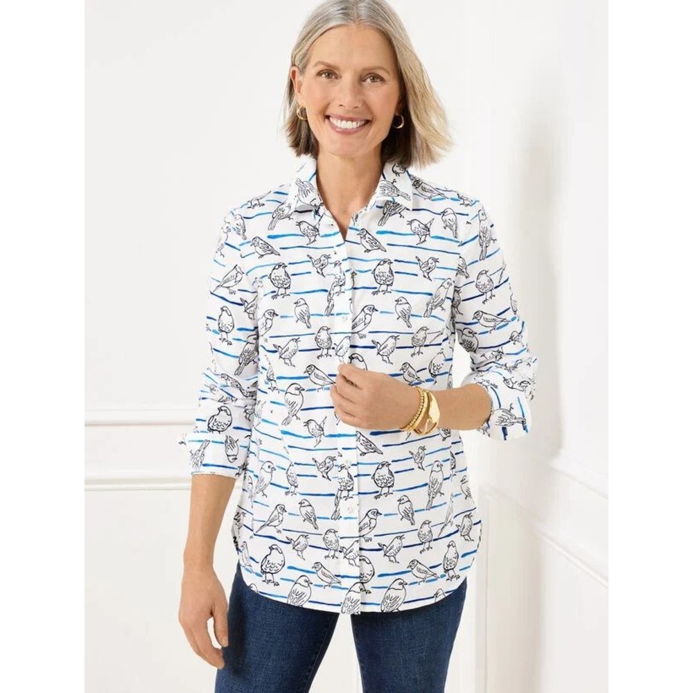 Talbots Petite MP White Blue Bird Print Striped Button Down Shirt 100% Cotton
